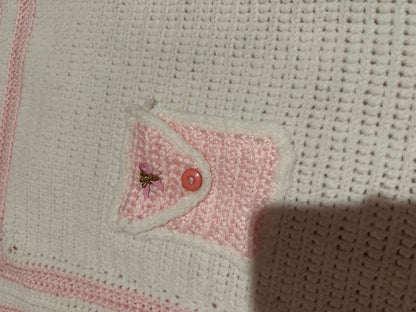 Handmade crocheted, white and pink breast cancer blanket with pockets