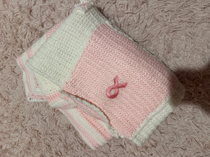 Handmade crocheted, white and pink breast cancer blanket with pockets