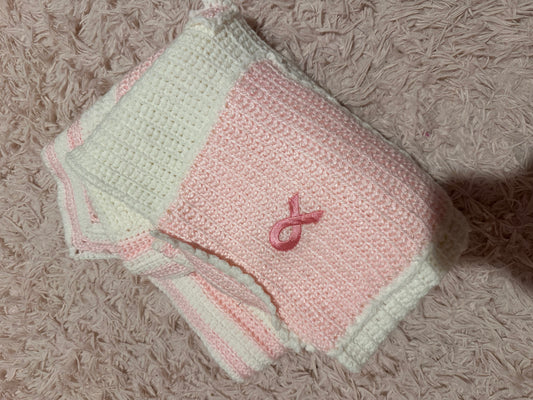 Handmade crocheted, white and pink breast cancer blanket with pockets