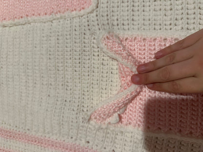 Handmade crocheted, white and pink breast cancer blanket with pockets