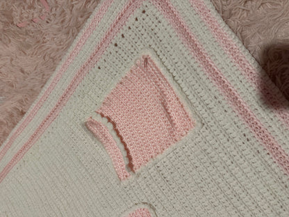 Handmade crocheted, white and pink breast cancer blanket with pockets