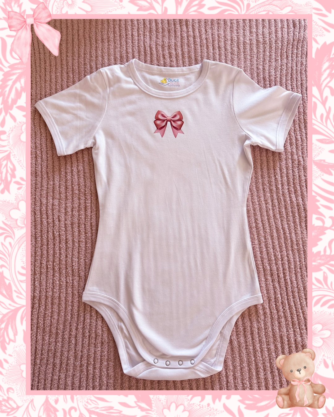 PINK BOW Plain White 100% Double Knit Cotton Adult Bodysuit!